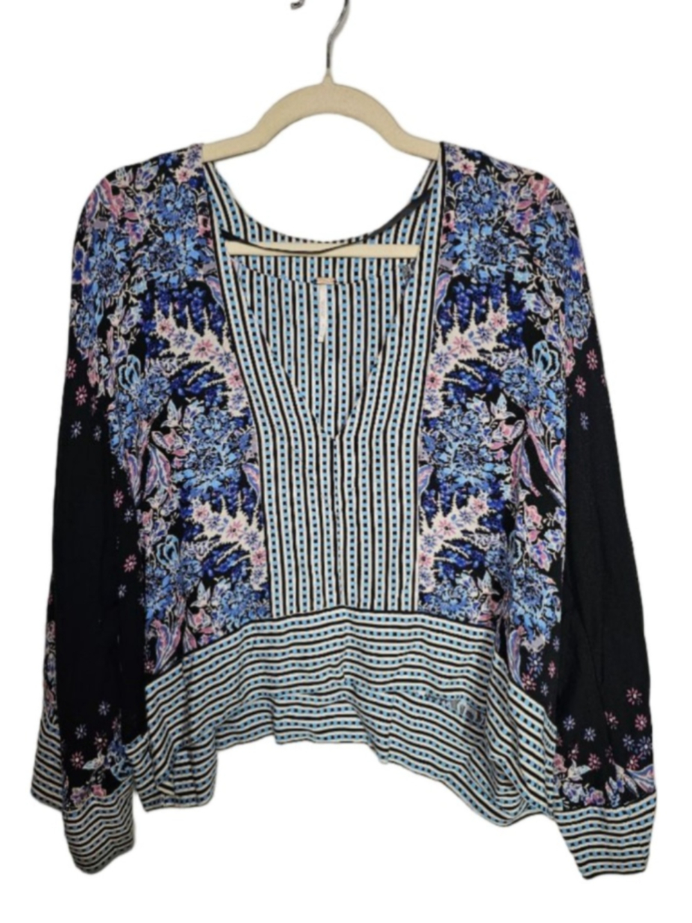 Free People Mix N Match Boho Floral Striped V-Neck Bell Sleeve Blouse Small EUC